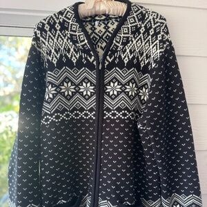 Sweater Cardigan Zip Up Fair Isle Snowflake Black White 100% Cotton Knit XL